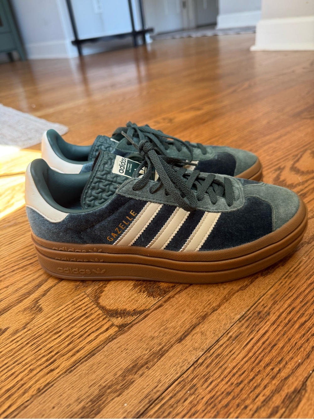 adidas platform Gazelle Velvet Sneakers in dark Green with Cream Stripes